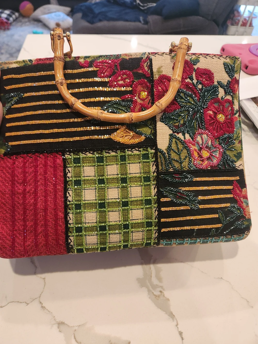 Isabella Fiore Vintage Y2K Beaded Patchwork Bamboo Handle Satchel Bag, RARE